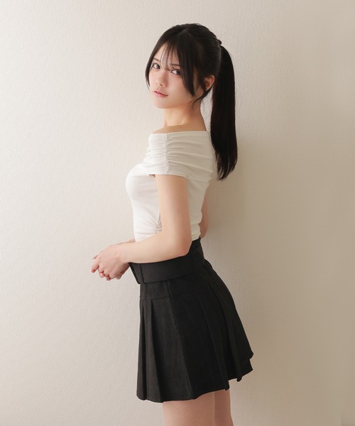 M DOLLY(エムドリー)の「off shoulder ribbon short tops/オフショルダーリボンショートトップス(Tシャツ/カットソー・レディース・ブラック/ホワイト・M/S)」の12枚目の写真