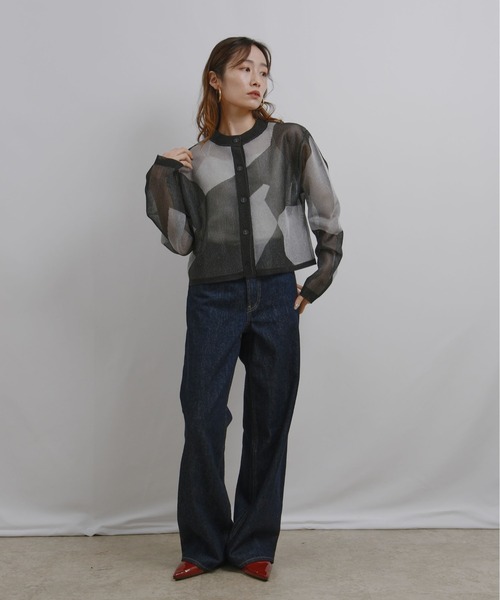 palm RICHE（ポームリシュ）の「【前後2WAY】ジオメトリック柄 ジャガードシアーカーデ（カーディガン/ボレロ・レディース・ホワイト/グリーン/ブラック・M）」の21枚目の写真