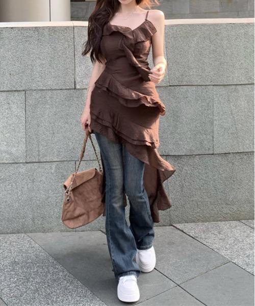 gossip!ロサンゼルス(ゴシップロサンゼルス)の「Y2K 【垢抜けレイヤードアイテム】シフォン 不規則 スリング ワンピース 日常&シンプル(ワンピース・レディース・ブラウン・FREE)」の7枚目の写真