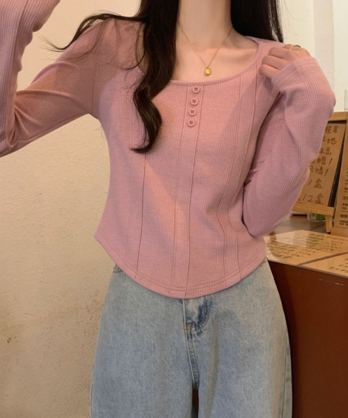 2ly2（トゥーリートゥー）の「フェミニンな魅力たっぷり♪スクエアネックリブトップス（Tシャツ/カットソー・レディース・ベージュ/ピンク/ダークグレー・FREE）」の16枚目の写真