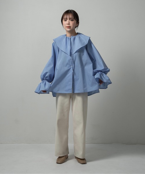 lawgy(ラウジー)の「big collar frill string blouse / ビッグカラーフリルストリングブラウス(シャツ/ブラウス・レディース・ブルー/ホワイト/クリーム・FREE)」の1枚目の写真