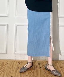 FLUMOR（フラマー）の「デニム×レース　フリンジデザインスカート（デニムスカート）」