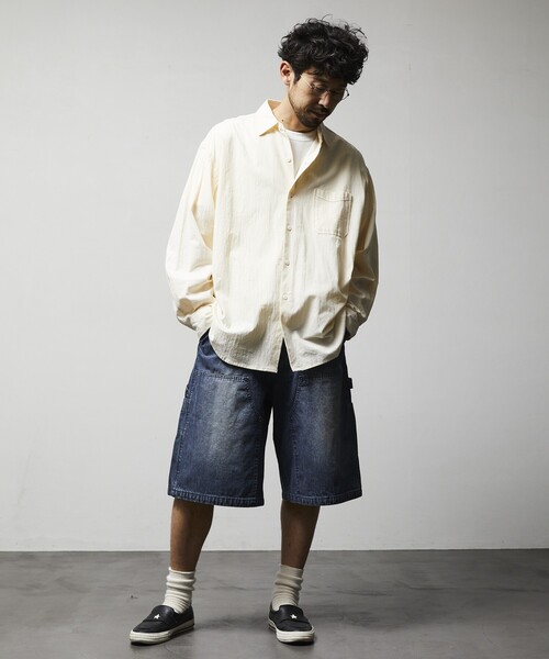 FREAK'S STORE(フリークスストア)の「FREAK’S STORE/フリークスストア ワイドシルエット ヴィンテージ加工 ダブルニー ヒッコリーデニムショーツ/ショートパンツ(その他パンツ・メンズ・ネイビー/サックスブルー・MEDIUM/LARGE)」の9枚目の写真
