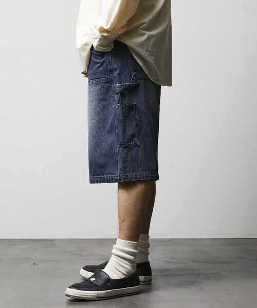 FREAK'S STORE(フリークスストア)の「FREAK’S STORE/フリークスストア ワイドシルエット ヴィンテージ加工 ダブルニー ヒッコリーデニムショーツ/ショートパンツ(その他パンツ・メンズ・ネイビー/サックスブルー・MEDIUM/LARGE)」の15枚目の写真