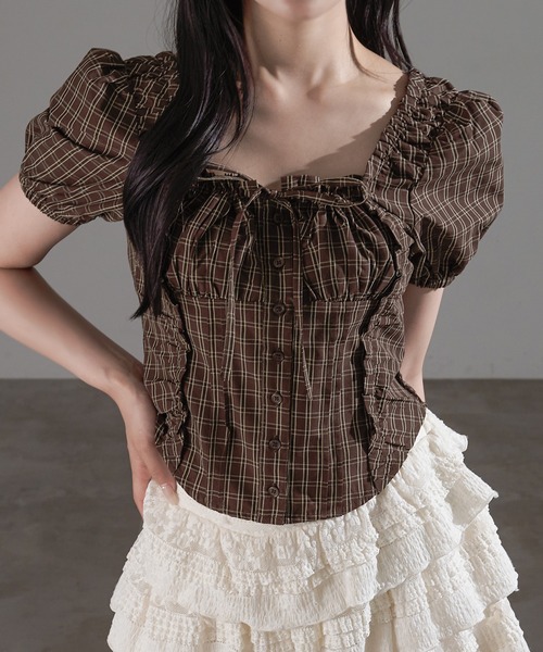 新品タグ付き✨メゾンドソイル　ピンタックブラウス　シャツ　ブラウン maison de soil／オーガニックコットンボイル ピンタックブラウス