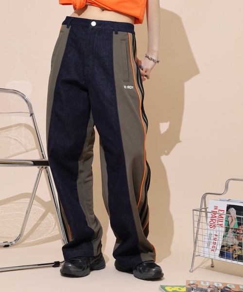 NERDY(ノルディ)の「デニムミックストラックパンツ(デニムパンツ・メンズ・ホワイト/カーキ/レッド・M/L/S/SS)」の2枚目の写真
