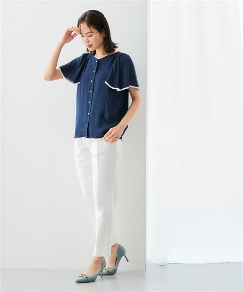 7days Life Styling(セブンデイズライフスタイリング)の「配色パールボタンジョーゼットフレアブラウス カットソー裏地付(シャツ/ブラウス・レディース・グレイッシュベージュ/オフホワイト/ネイビー・S/M/L/LL)」の10枚目の写真