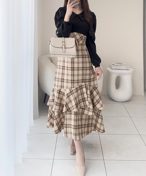 evelyn チェックカットOP ロングワンピース ベージュ evelyn チェックカットワンピース ベージュ タグ付き evelyn