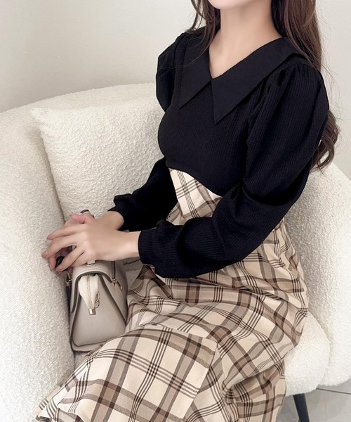 mily bilet(ミウィビレット)の「【mily bilet】愛され要素がぎゅっと盛り♪シャツ襟チェックアシメフリルドッキングロングワンピース(長袖)(ワンピース・レディース・バーガンディー/ネイビー/ベージュ・LARGE/MEDIUM/SMALL/X-LARGE)」の13枚目の写真