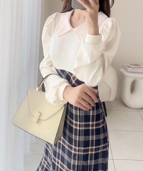 mily bilet(ミウィビレット)の「【mily bilet】愛され要素がぎゅっと盛り♪シャツ襟チェックアシメフリルドッキングロングワンピース(長袖)(ワンピース・レディース・バーガンディー/ネイビー/ベージュ・LARGE/MEDIUM/SMALL/X-LARGE)」の18枚目の写真
