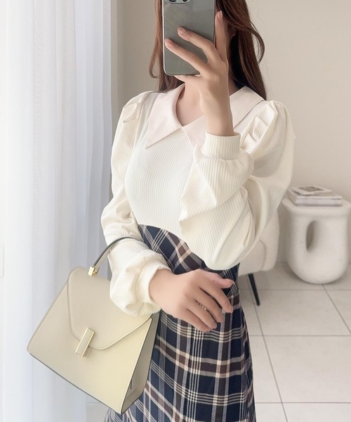 mily bilet(ミウィビレット)の「【mily bilet】愛され要素がぎゅっと盛り♪シャツ襟チェックアシメフリルドッキングロングワンピース(長袖)(ワンピース・レディース・バーガンディー/ネイビー/ベージュ・LARGE/MEDIUM/SMALL/X-LARGE)」の17枚目の写真