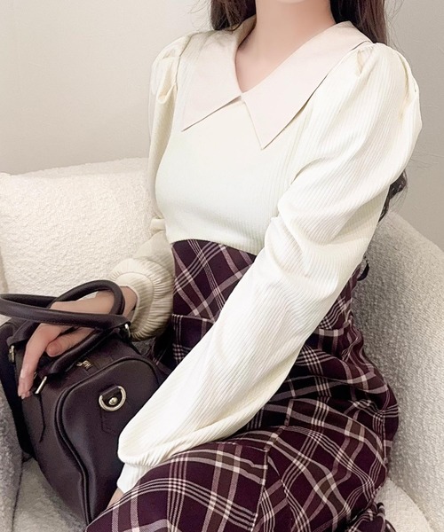 mily bilet(ミウィビレット)の「【mily bilet】愛され要素がぎゅっと盛り♪シャツ襟チェックアシメフリルドッキングロングワンピース(長袖)(ワンピース・レディース・バーガンディー/ネイビー/ベージュ・LARGE/MEDIUM/SMALL/X-LARGE)」の22枚目の写真
