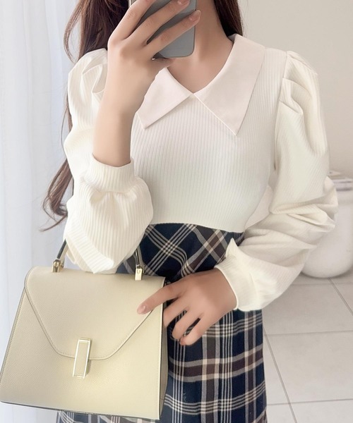 mily bilet(ミウィビレット)の「【mily bilet】愛され要素がぎゅっと盛り♪シャツ襟チェックアシメフリルドッキングロングワンピース(長袖)(ワンピース・レディース・バーガンディー/ネイビー/ベージュ・LARGE/MEDIUM/SMALL/X-LARGE)」の6枚目の写真