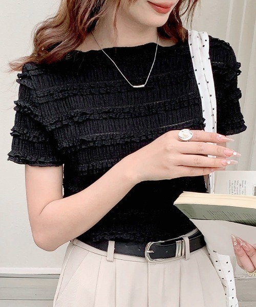 REMUR（レミュール）の「シャーリングフリル半袖トップス（Tシャツ/カットソー・レディース・ホワイト/ピンク/ブラック・FREE）」の3枚目の写真