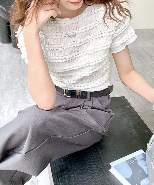 REMUR（レミュール）の「シャーリングフリル半袖トップス（Tシャツ/カットソー・レディース・ホワイト/ピンク/ブラック・FREE）」の18枚目の写真