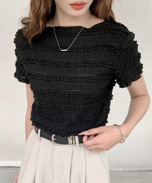 REMUR（レミュール）の「シャーリングフリル半袖トップス（Tシャツ/カットソー・レディース・ホワイト/ピンク/ブラック・FREE）」の14枚目の写真
