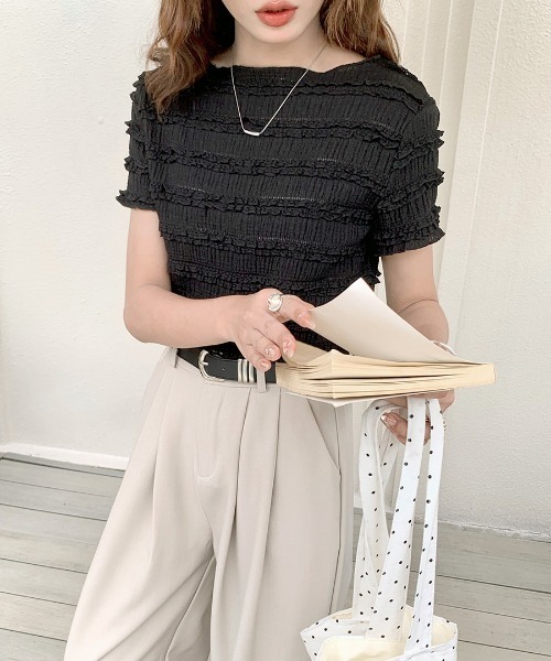 REMUR（レミュール）の「シャーリングフリル半袖トップス（Tシャツ/カットソー・レディース・ホワイト/ピンク/ブラック・FREE）」の13枚目の写真