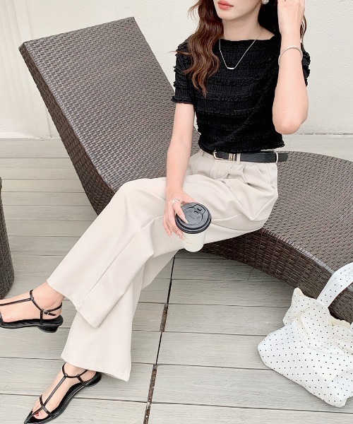 REMUR（レミュール）の「シャーリングフリル半袖トップス（Tシャツ/カットソー・レディース・ホワイト/ピンク/ブラック・FREE）」の6枚目の写真