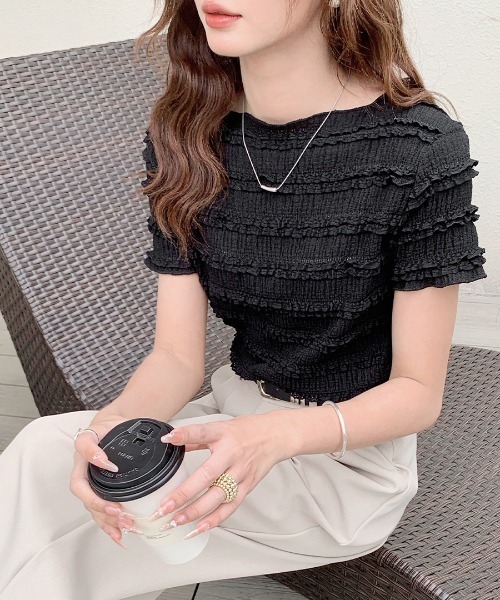 REMUR（レミュール）の「シャーリングフリル半袖トップス（Tシャツ/カットソー・レディース・ホワイト/ピンク/ブラック・FREE）」の5枚目の写真