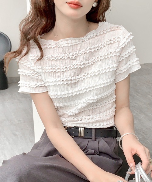 REMUR（レミュール）の「シャーリングフリル半袖トップス（Tシャツ/カットソー・レディース・ホワイト/ピンク/ブラック・FREE）」の19枚目の写真