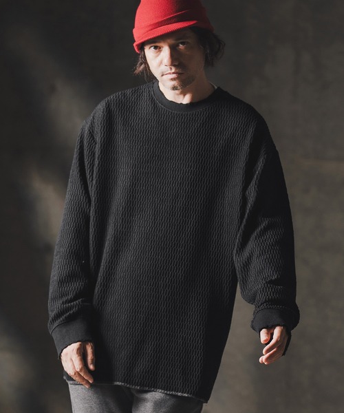 GLIMCLAP(グリムクラップ)の「mlt5299-Jacquard texture cut sew-Distressed for a vintage look- ロングスリーブプルオーバー(Tシャツ/カットソー・メンズ・ホワイト/ブラック・S/M/L)」の1枚目の写真