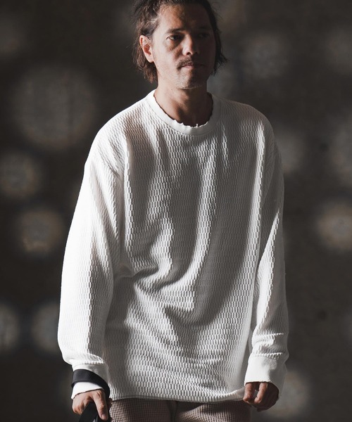 GLIMCLAP(グリムクラップ)の「mlt5299-Jacquard texture cut sew-Distressed for a vintage look- ロングスリーブプルオーバー(Tシャツ/カットソー・メンズ・ホワイト/ブラック・S/M/L)」の3枚目の写真