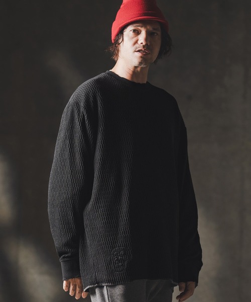 GLIMCLAP(グリムクラップ)の「mlt5299-Jacquard texture cut sew-Distressed for a vintage look- ロングスリーブプルオーバー(Tシャツ/カットソー・メンズ・ホワイト/ブラック・S/M/L)」の8枚目の写真