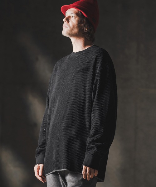 GLIMCLAP(グリムクラップ)の「mlt5299-Jacquard texture cut sew-Distressed for a vintage look- ロングスリーブプルオーバー(Tシャツ/カットソー・メンズ・ホワイト/ブラック・S/M/L)」の9枚目の写真