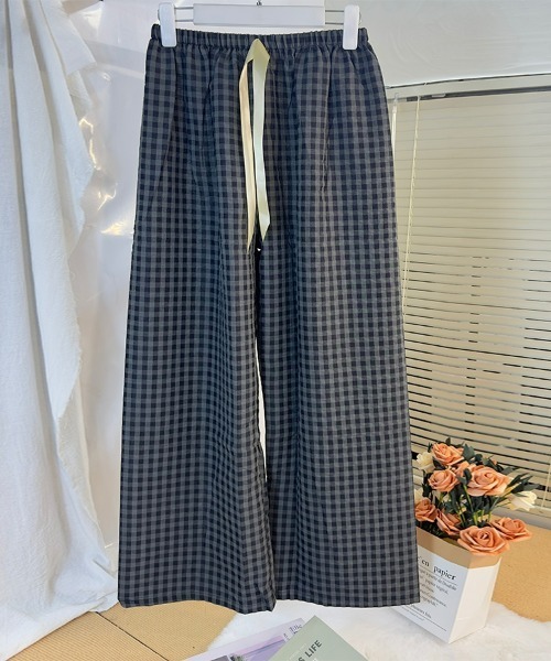 リラックスパンツ チェック柄 ワイド カジュアル 部屋着 L3077 ショッピングゴー shoppinggo チェック柄パンツ 薄手 部屋着