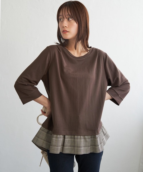 ikka（イッカ）の「【接触冷感】冷感裾レイヤードプルオーバー（Tシャツ/カットソー・レディース・ブラウン/マスタード/ブラック/ダークグリーン・L/M/S）」の8枚目の写真