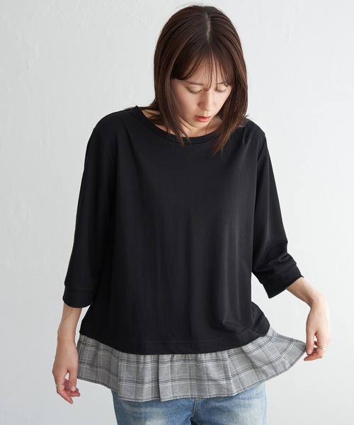 ikka（イッカ）の「【接触冷感】冷感裾レイヤードプルオーバー（Tシャツ/カットソー・レディース・ブラウン/マスタード/ブラック/ダークグリーン・L/M/S）」の13枚目の写真