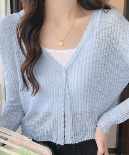kirakiraShop（キラキラショップ）の「【新色追加】【着回し万能】着回し力バツグン！Vネック シアー カーディガン（カーディガン/ボレロ・レディース・ブラック/アイボリー/ブルー/パープル/ホワイト/ピンク/グリーン・FREE）」の15枚目の写真