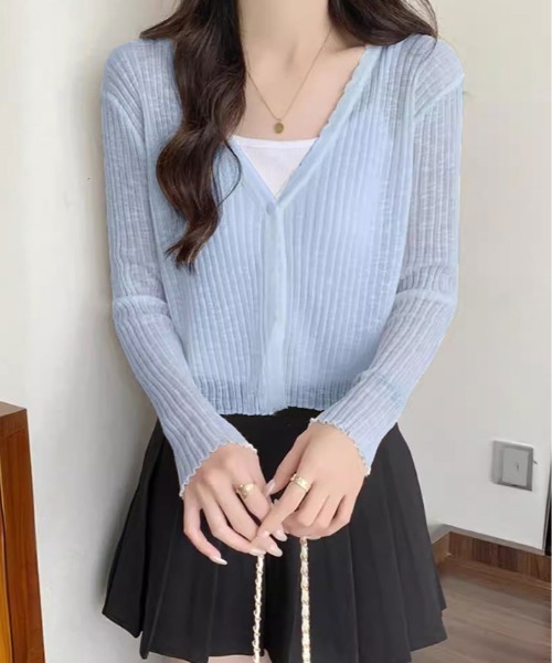 kirakiraShop（キラキラショップ）の「【新色追加】【着回し万能】着回し力バツグン！Vネック シアー カーディガン（カーディガン/ボレロ・レディース・ブラック/アイボリー/ブルー/パープル/ホワイト/ピンク/グリーン・FREE）」の16枚目の写真