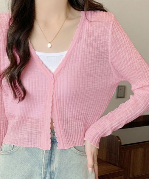 kirakiraShop（キラキラショップ）の「【新色追加】【着回し万能】着回し力バツグン！Vネック シアー カーディガン（カーディガン/ボレロ・レディース・ブラック/アイボリー/ブルー/パープル/ホワイト/ピンク/グリーン・FREE）」の17枚目の写真