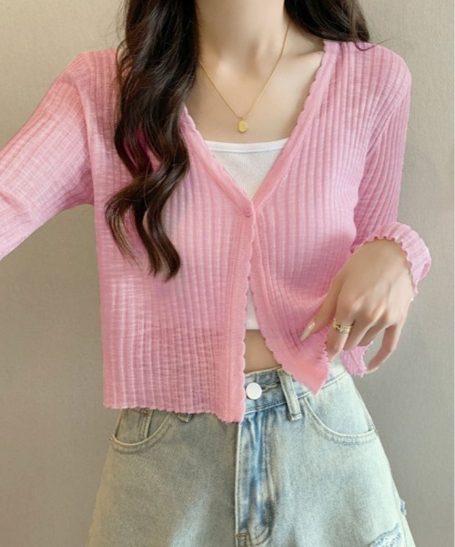 kirakiraShop（キラキラショップ）の「【新色追加】【着回し万能】着回し力バツグン！Vネック シアー カーディガン（カーディガン/ボレロ・レディース・ブラック/アイボリー/ブルー/パープル/ホワイト/ピンク/グリーン・FREE）」の18枚目の写真