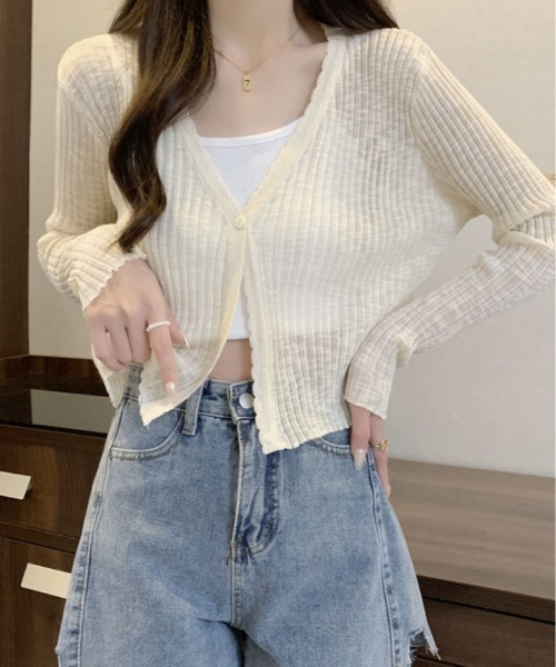 kirakiraShop（キラキラショップ）の「【新色追加】【着回し万能】着回し力バツグン！Vネック シアー カーディガン（カーディガン/ボレロ・レディース・ブラック/アイボリー/ブルー/パープル/ホワイト/ピンク/グリーン・FREE）」の13枚目の写真