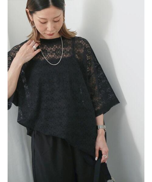 Samansa Mos2 blue（サマンサモスモスブルー）の「レースTシャツ（Tシャツ/カットソー・レディース・オフホワイト/ブラウン/ブラック・F）」の2枚目の写真