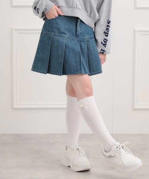 【美品】8 YARDS プリーツスカート Mサイズ LATTE デニム裾プリーツスカート（デニムスカート）｜PINK-latte