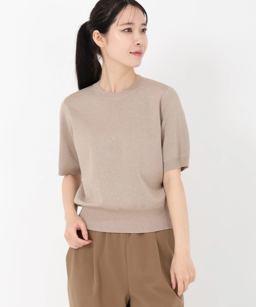 STRAWBERRY-FIELDS（ストロベリーフィールズ）の「エレナポリー_５分袖ラメニット（ニット/セーター・レディース・ベージュ/グレー・2）」の2枚目の写真