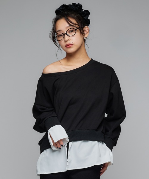 Narcissus（ナルシス）の「《動画あり》シャツオフショルスウェット ドッキングデザイン（スウェット・レディース・グレー/ブラック・FREE）」の2枚目の写真