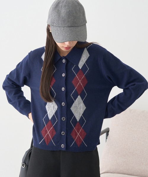 2025AW】襟付きアーガイルニットカーディガン（ニット/セーター