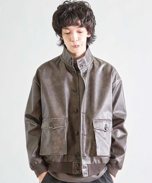 UNION STATION（ユニオンステーション）の「ビーガンレザースタンドブルゾン（ブルゾン・メンズ・ブラウン/ブラック・S/M/L）」の2枚目の写真
