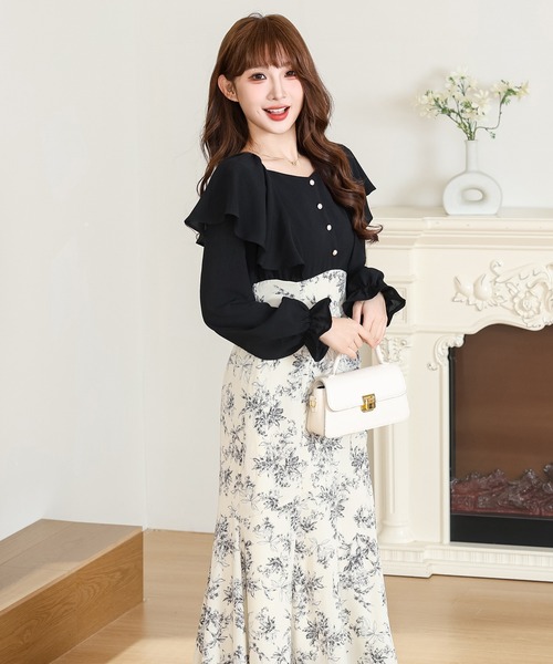 Anely(アネリー)の「フリル ショルダー 花柄 ドッキング ワンピース(ワンピース・レディース・ピンク/ブラック/アイボリー・FREE)」の9枚目の写真