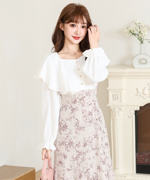 Anely(アネリー)の「フリル ショルダー 花柄 ドッキング ワンピース(ワンピース・レディース・ピンク/ブラック/アイボリー・FREE)」の18枚目の写真