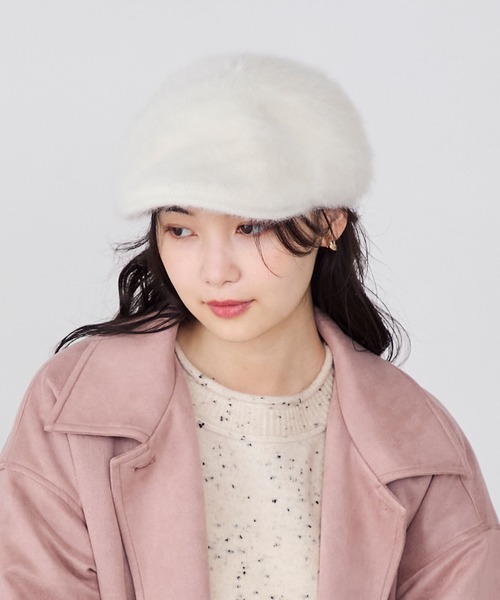 Valentino ホワイト ベレー帽 forksy.】ボリュームフェイクファーハンチングベレー帽 forksy.│MONO