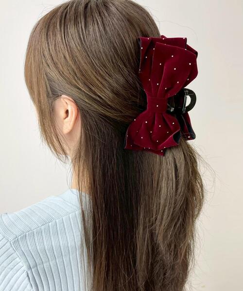 WEGO（ウィゴー）の「WEGO/ストーンベロアリボンバンス（バレッタ/ヘアクリップ・レディース・ワイン/ブラック・FREE）」の3枚目の写真