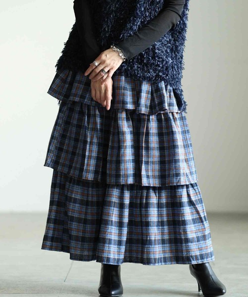 Sawa a la mode（サワアラモード）の「タータンチェックティアードフリルスカート（スカート・レディース・ブルー/イエロー・FREE）」の2枚目の写真