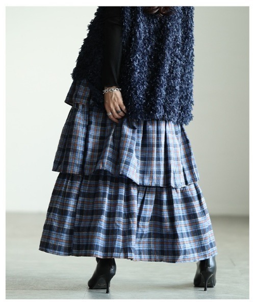 Sawa a la mode（サワアラモード）の「タータンチェックティアードフリルスカート（スカート・レディース・ブルー/イエロー・FREE）」の17枚目の写真