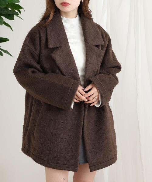 OMNES（オムネス）の「ニットシャギー ダブルテーラードジャケット（テーラードジャケット・レディース・ブラック/ブラウン・FREE）」の2枚目の写真