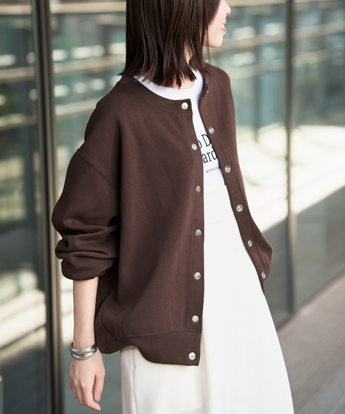 SLOBE IENA（スローブイエナ）の「《WEB限定/追加3》ダブルフェイスジャージースナップカーディガン（カーディガン/ボレロ・レディース・ブラウン/カーキ/ブラック・FREE）」の6枚目の写真